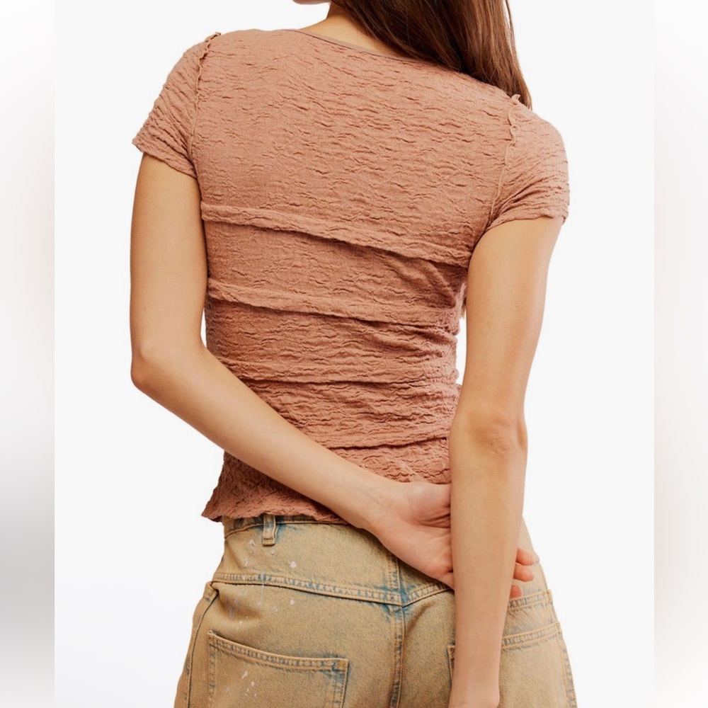 NWT Free People Ribbed Lace Krystal Tuscany Brown Ruffle T Shirt Tee Top Small - Picture 4 of 6